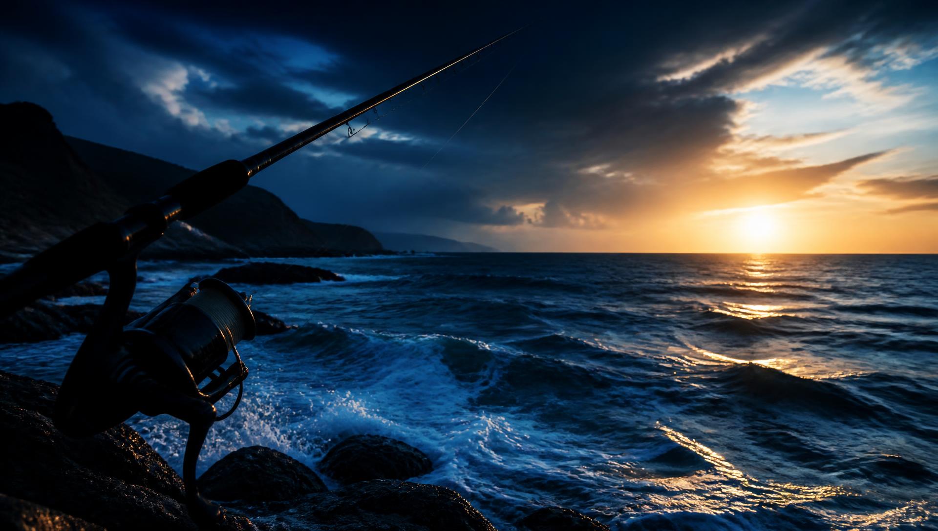 Light spinning rod silhouetted against the Mediterranean coast at sunset